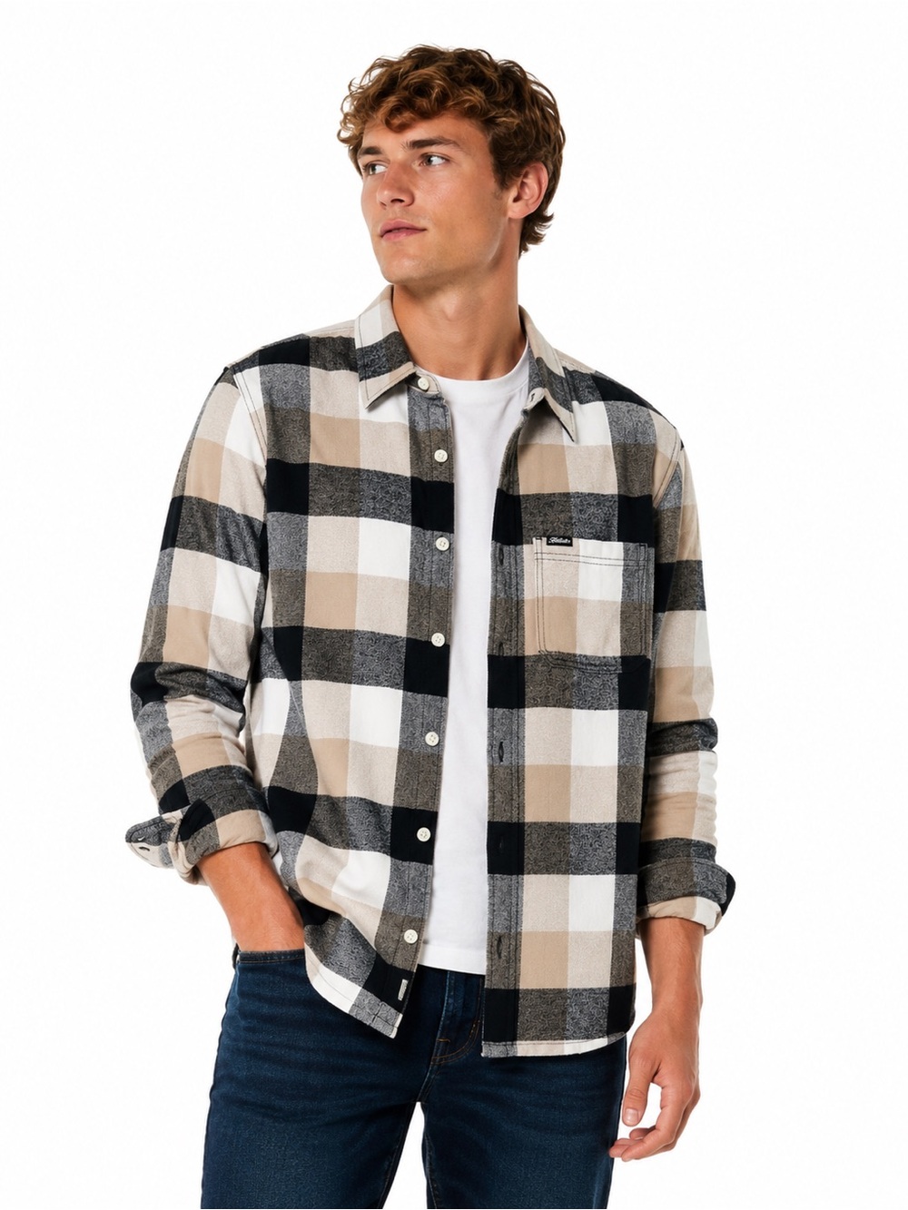 Hollister Men’s Buffalo Plaid Flannel Shirt Black Tan White Button Up Size Large